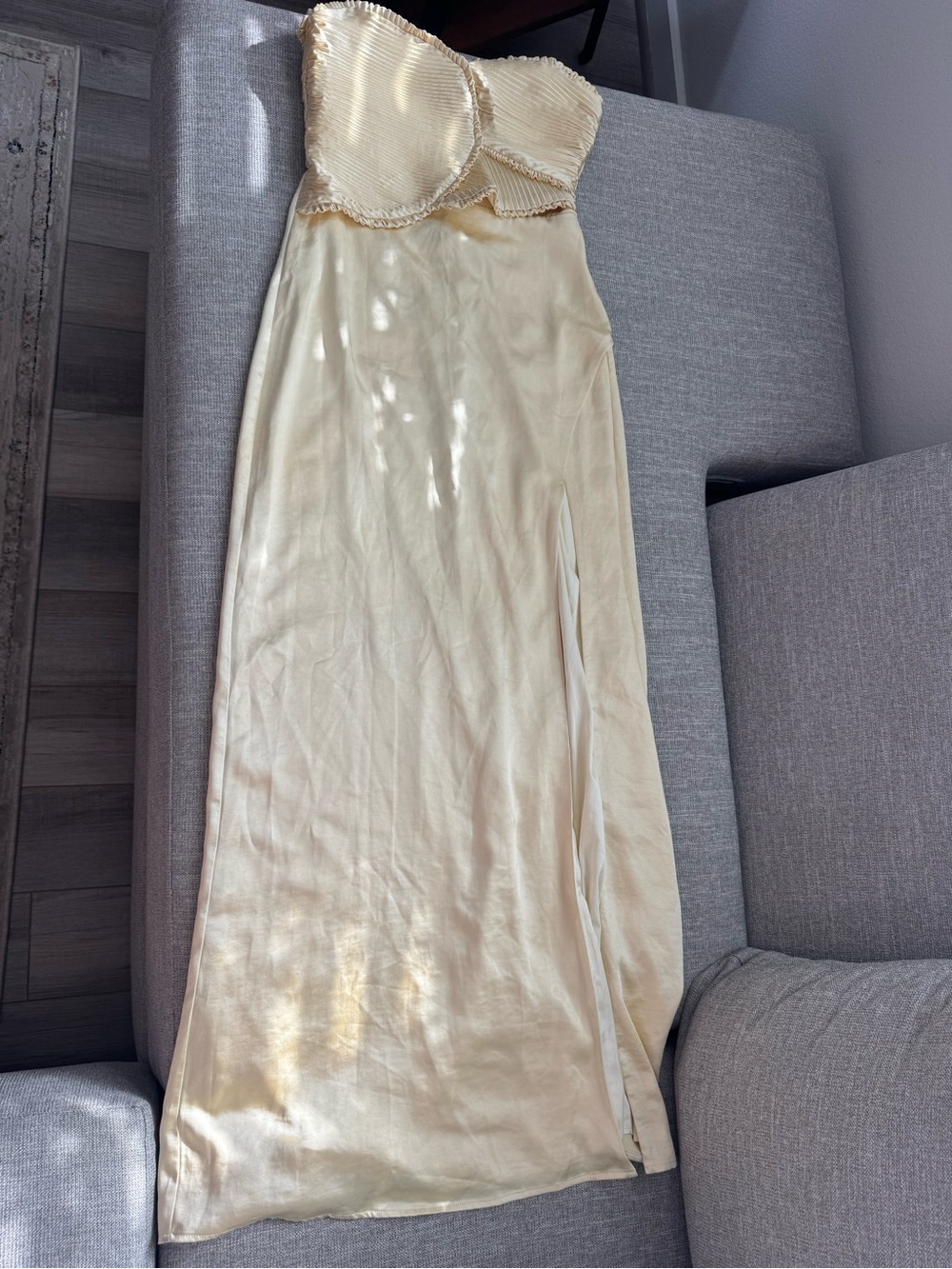 Meshki Strapless Satin Gown in Pale Yellow